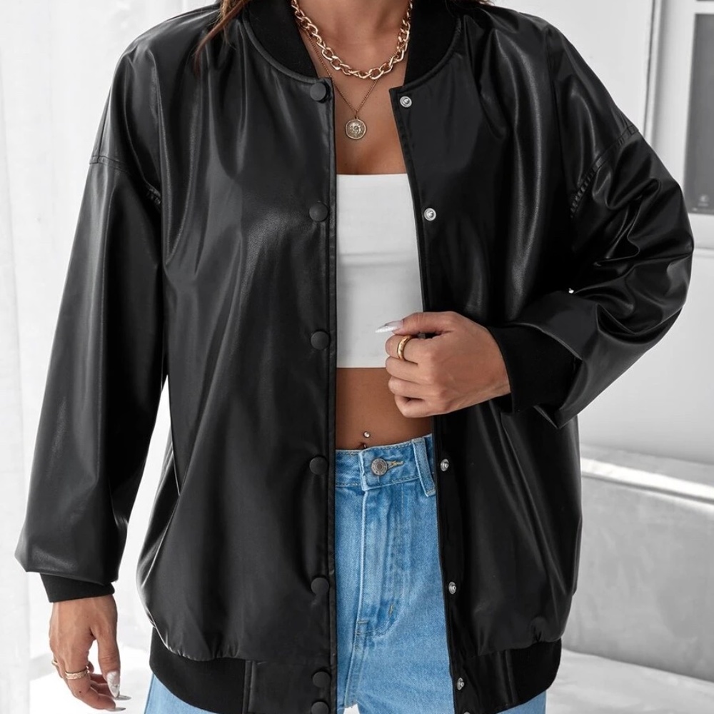Cozy Vegan Leather Oversized Bomber Jacket - Picture 4 of 5